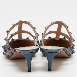 Pre Owned Valentino Metallic Blue Leather Rockstud Mules Size 38