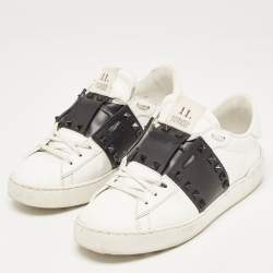 Pre Owned Valentino White/Black Leather Rockstud Low Top Sneakers Size 39.5
