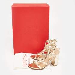 Pre Owned Valentino Metallic Gold Leather Rockstud Strappy Block Heel Sandals Size 37