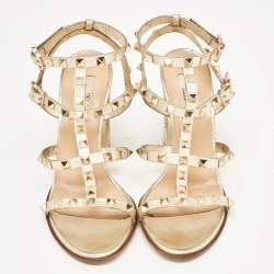 Pre Owned Valentino Metallic Gold Leather Rockstud Strappy Block Heel Sandals Size 37