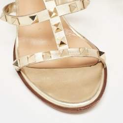 Pre Owned Valentino Metallic Gold Leather Rockstud Strappy Block Heel Sandals Size 37