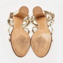 Pre Owned Valentino Metallic Gold Leather Rockstud Strappy Block Heel Sandals Size 37