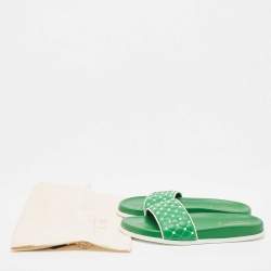 Pre Owned Valentino Green Leather Rockstud Flat Slides Size 39