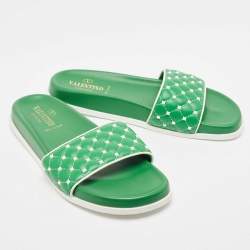 Pre Owned Valentino Green Leather Rockstud Flat Slides Size 39