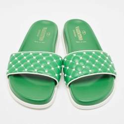 Pre Owned Valentino Green Leather Rockstud Flat Slides Size 39