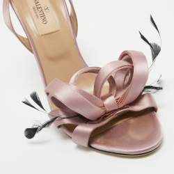 Pre Owned Valentino Pink Satin Feather Embellished Ankle Strap Sandals Size 37.5