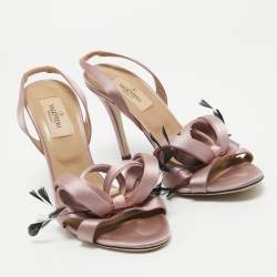 Pre Owned Valentino Pink Satin Feather Embellished Ankle Strap Sandals Size 37.5
