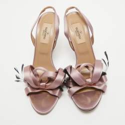 Pre Owned Valentino Pink Satin Feather Embellished Ankle Strap Sandals Size 37.5