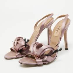 Pre Owned Valentino Pink Satin Feather Embellished Ankle Strap Sandals Size 37.5