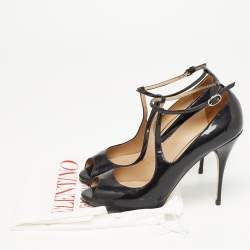 Pre Owned Valentino Black Patent Leather Ankle Strap Pumps Size 39.5