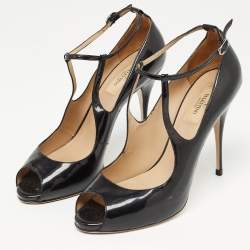 Pre Owned Valentino Black Patent Leather Ankle Strap Pumps Size 39.5