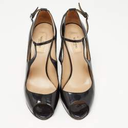 Pre Owned Valentino Black Patent Leather Ankle Strap Pumps Size 39.5