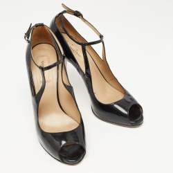 Pre Owned Valentino Black Patent Leather Ankle Strap Pumps Size 39.5