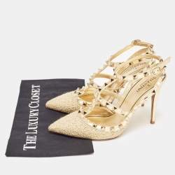 Pre Owned Valentino Gold Tweed and Leather Rockstud Ankle Strap Pumps Size 37.5