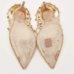 Pre Owned Valentino Gold Tweed and Leather Rockstud Ankle Strap Pumps Size 37.5