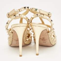 Pre Owned Valentino Gold Tweed and Leather Rockstud Ankle Strap Pumps Size 37.5