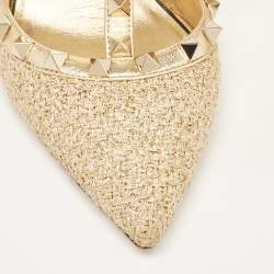 Pre Owned Valentino Gold Tweed and Leather Rockstud Ankle Strap Pumps Size 37.5