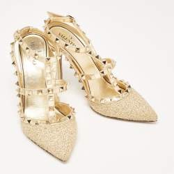 Pre Owned Valentino Gold Tweed and Leather Rockstud Ankle Strap Pumps Size 37.5