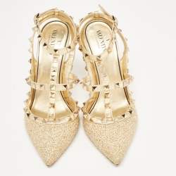 Pre Owned Valentino Gold Tweed and Leather Rockstud Ankle Strap Pumps Size 37.5