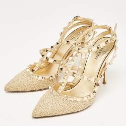 Pre Owned Valentino Gold Tweed and Leather Rockstud Ankle Strap Pumps Size 37.5