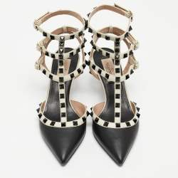 Pre Owned Valentino Black/White Leather Rockstud  Ankle Strap Pumps Size 37.5 