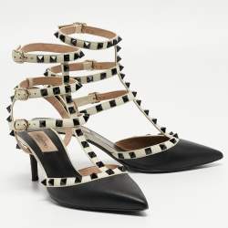 Pre Owned Valentino Black/White Leather Rockstud  Ankle Strap Pumps Size 37.5 