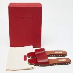 Pre Owned Valentino Red Leather Soul Rockstud Flat Slides Size 41