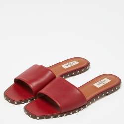 Pre Owned Valentino Red Leather Soul Rockstud Flat Slides Size 41