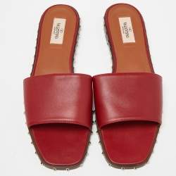 Pre Owned Valentino Red Leather Soul Rockstud Flat Slides Size 41