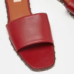 Pre Owned Valentino Red Leather Soul Rockstud Flat Slides Size 41