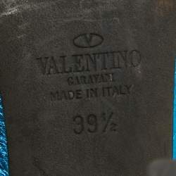 Pre Owned Valentino Metallic Blue Leather Rockstud Ankle Strap Pumps Size 39.5