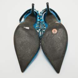 Pre Owned Valentino Metallic Blue Leather Rockstud Ankle Strap Pumps Size 39.5