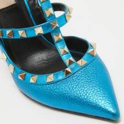 Pre Owned Valentino Metallic Blue Leather Rockstud Ankle Strap Pumps Size 39.5
