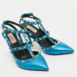 Pre Owned Valentino Metallic Blue Leather Rockstud Ankle Strap Pumps Size 39.5