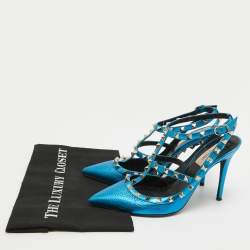 Pre Owned Valentino Metallic Blue Leather Rockstud Ankle Strap Pumps Size 39.5