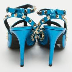 Pre Owned Valentino Metallic Blue Leather Rockstud Ankle Strap Pumps Size 39.5