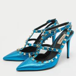 Pre Owned Valentino Metallic Blue Leather Rockstud Ankle Strap Pumps Size 39.5