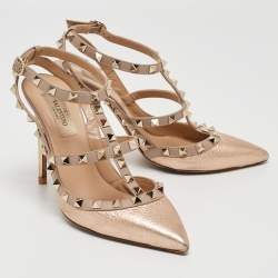 Pre Owned Valentino Metallic Leather Rockstud Ankle Strap Pumps Size 37