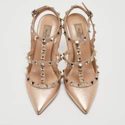 Pre Owned Valentino Metallic Leather Rockstud Ankle Strap Pumps Size 37