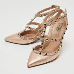 Pre Owned Valentino Metallic Leather Rockstud Ankle Strap Pumps Size 37