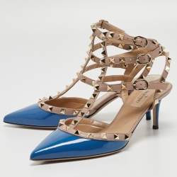 Pre Owned Valentino Blue Patent Leather Rockstud Ankle Strap Pumps Size 38.5