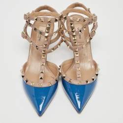 Pre Owned Valentino Blue Patent Leather Rockstud Ankle Strap Pumps Size 38.5