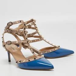 Pre Owned Valentino Blue Patent Leather Rockstud Ankle Strap Pumps Size 38.5