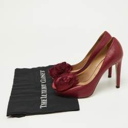 Pre Owned Valentino Burgundy Leather Rose Applique Peep Toe Pumps Size 37.5