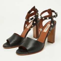 Pre Owned Valentino Black Leather Rockstud Ankle Strap Sandals Size 40