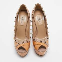 Valentino Beige Patent Leather Rockstud Platform Peep Toe Pumps Size 36.5