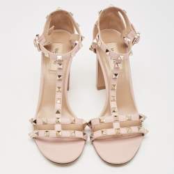 Pre Owned Valentino Pink Leather Rockstud Strappy Block Heel Sandals Size 39