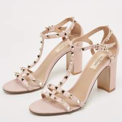 Pre Owned Valentino Pink Leather Rockstud Strappy Block Heel Sandals Size 39