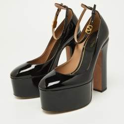 Pre Owned Valentino Black Patent Leather Tan-Go Platform Ankle Strap Pumps Size 38