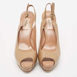 Pre Owned Valentino Brown Leather Peep Toe Platform Slingback Pumps Size 38.5